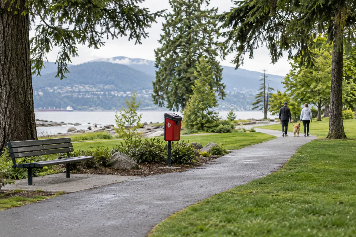 Illustrative public park with a red pet-waste bin beside a walking path.