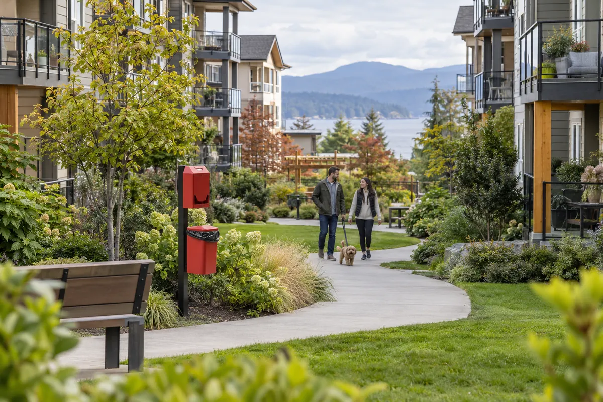 Illustrative residential courtyard with a pet-waste station beside a shared walkway.